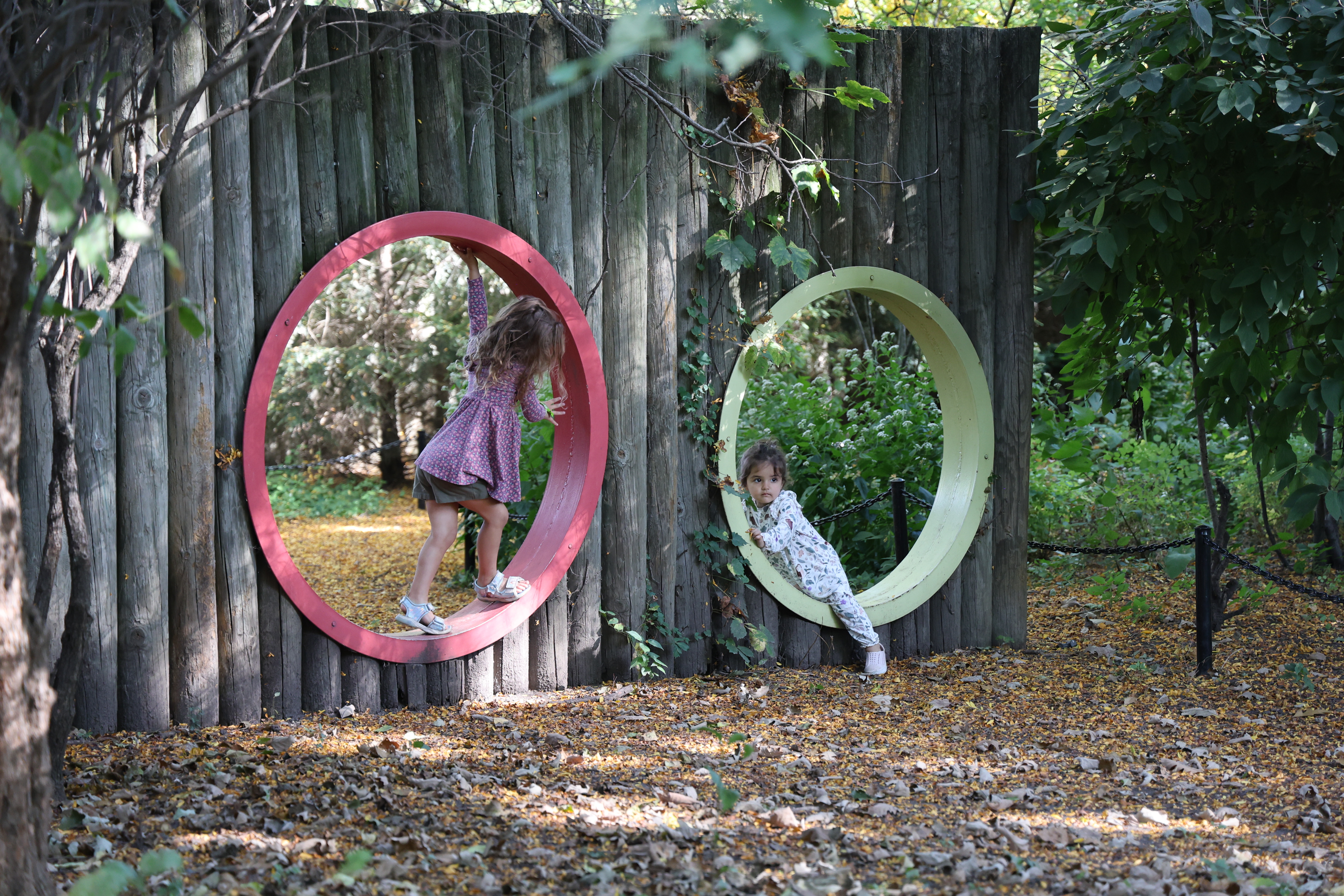 Two children playing on playground structure.